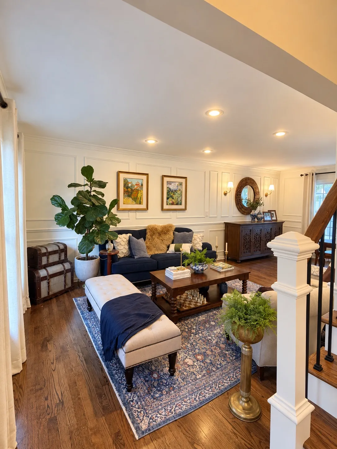 A view through the living room toward the adjoining space, showing the widened entryway
