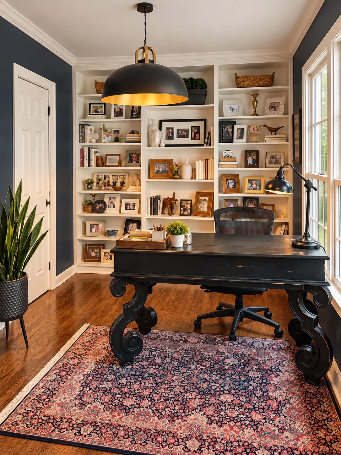 The office, with built-in shelving and framed artwork